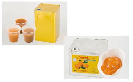 画像:(左上)果実を丸ごと煮詰めて裏ごしした果肉汁(ピューレ)。料理の隠し味など、さまざまな用途に使われます。(右下)長野県産の原料を使用した高級あんずジャム。ほどよい酸味とさわやかな風味が特徴です。