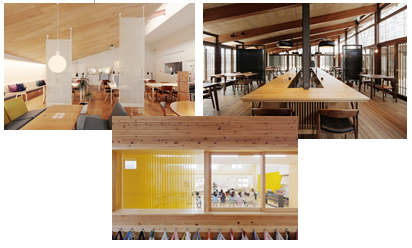 快適な室内環境をつくり出す「PS HR-C」。上松町庁舎(木曽郡上松町)、軽井沢のコワーキングスペース、木下保育園(上伊那郡箕輪町)。