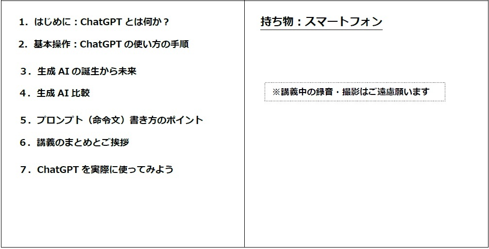 ChatGPT入門講座の7章構成カリキュラム。基本操作、生成AIの歴史、プロンプトの書き方、実践演習などを含む。持ち物はスマートフォン