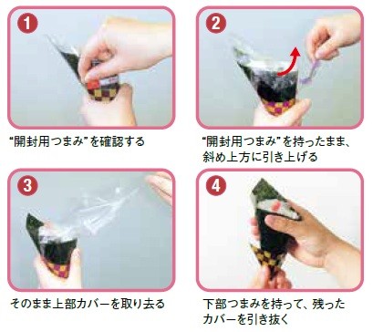 １．開封用つまみを確認する２．開封用をつまみを持ったまま、斜め上方に引き上げる３．そのまま上部カバーを取り去る４．下部つまみをもって、残ったカバーを引き抜く